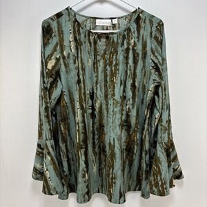 Belle By Kim Gravel Womens Blue Brown Boho Abstract Bell Sleeve Top Size M